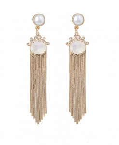 gold chain tassel earring with pearl and moonstone
