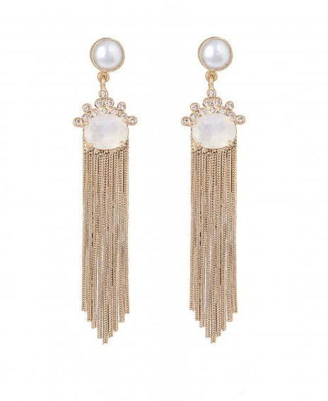 gold chain tassel earring with pearl and moonstone