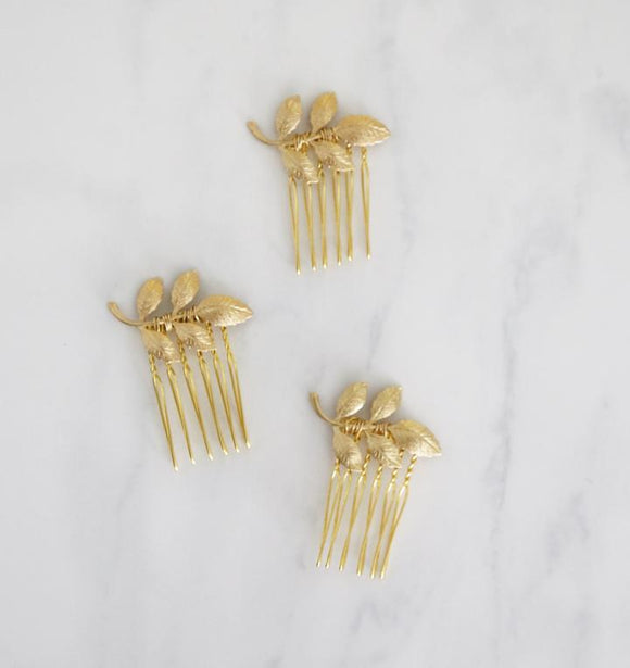 Raw brass delicate mini handmade golden leaves combs set of three
