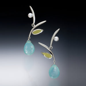 blue and green matte sterling silver botanical branch earring with pearls and calcedony